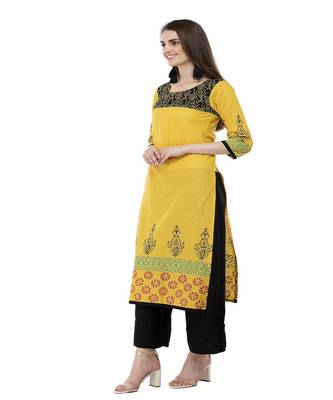 Cotton yellow Straight Block Printed Kurta 3
