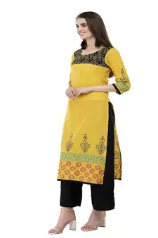 Cotton yellow Straight Block Printed Kurta