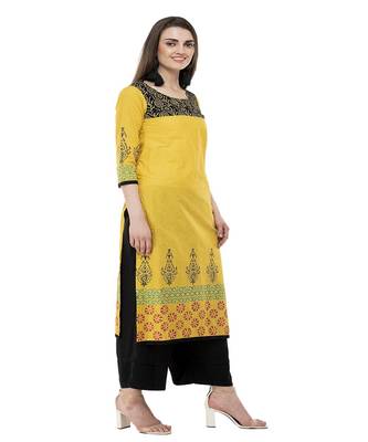 Cotton yellow Straight Block Printed Kurta 4
