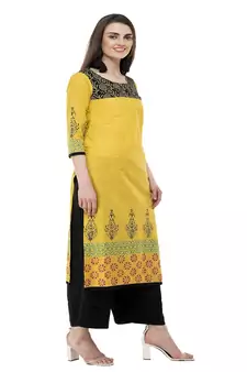 Cotton yellow Straight Block Printed Kurta