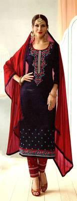 blue embroidered cotton Unstitched trouser with dupatta 1