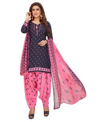Women's Dark Blue & Pink Synthetic Printed Unstitch Dress Material with Dupatta 1