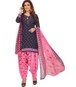 Women's Dark Blue & Pink Synthetic Printed Unstitch Dress Material with Dupatta