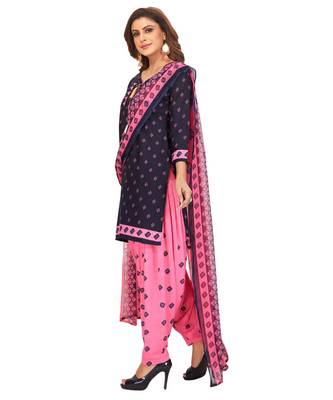 Women's Dark Blue & Pink Synthetic Printed Unstitch Dress Material with Dupatta 3