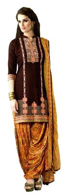 brown embroidered cotton Unstitched patiala salwar with dupatta 1