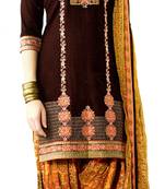 brown embroidered cotton Unstitched patiala salwar with dupatta