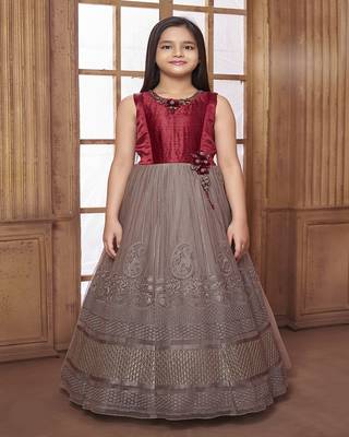 Maroon embroidered polyester kids-girl-gowns 1
