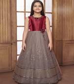 Maroon embroidered polyester kids-girl-gowns