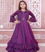 purple embroidered polyester kids-girl-gowns