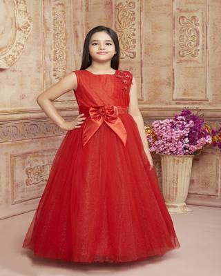 Red embroidered polyester kids-girl-gowns 1
