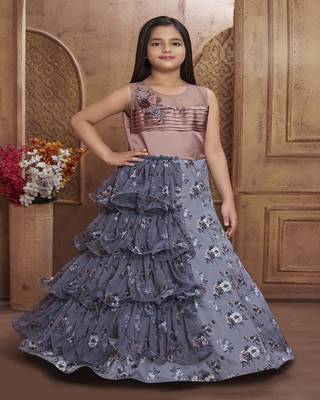 Grey embroidered polyester kids-girl-gowns 1