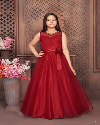 Red embroidered polyester kids-girl-gowns 1