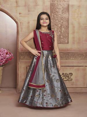 grey embroidered Polyester kids-lehenga-choli 1