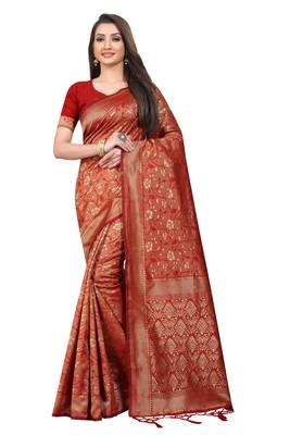 Red woven art silk saree with blouse 1