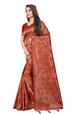 Red woven art silk saree with blouse 2