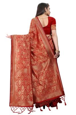 Red woven art silk saree with blouse 3