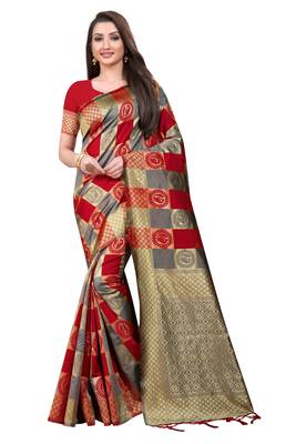 Red woven art silk saree with blouse 1