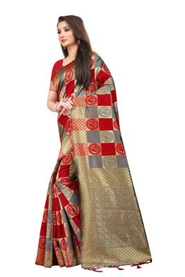 Red woven art silk saree with blouse 2