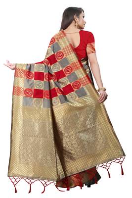 Red woven art silk saree with blouse 3