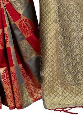 Red woven art silk saree with blouse 4
