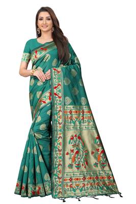 Teal woven art silk saree with blouse 1