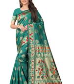 Teal woven art silk saree with blouse