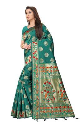 Teal woven art silk saree with blouse 2