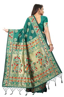 Teal woven art silk saree with blouse 3