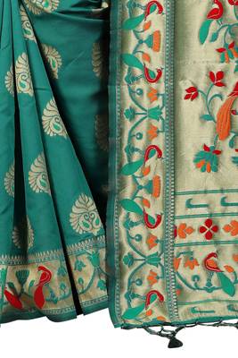 Teal woven art silk saree with blouse 4