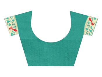Teal woven art silk saree with blouse 5
