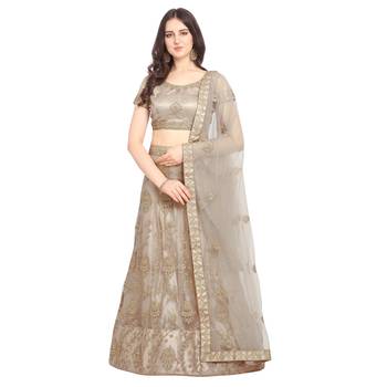 Women'S Champagne Semi Stiched Embroidered Net Lehenga Choli 1