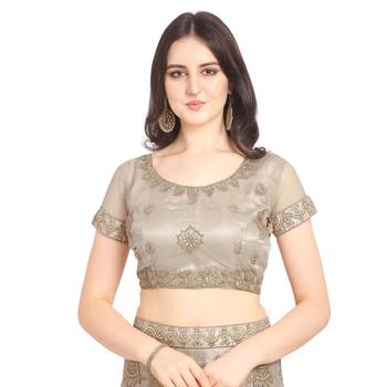 Women'S Champagne Semi Stiched Embroidered Net Lehenga Choli 3