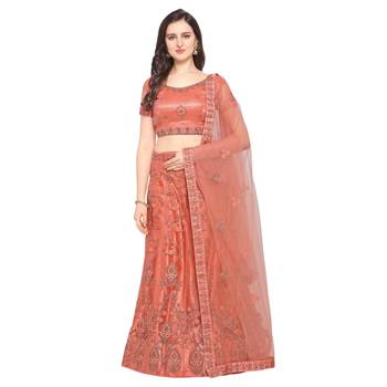 Women'S Peach Semi Stiched Embroidered Net Lehenga Choli 1