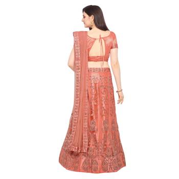 Women'S Peach Semi Stiched Embroidered Net Lehenga Choli 2