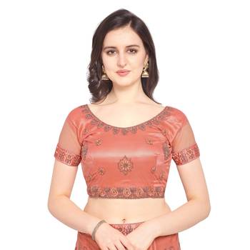 Women'S Peach Semi Stiched Embroidered Net Lehenga Choli 3
