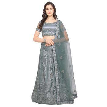 Women'S Grey Semi Stiched Embroidered Net Lehenga Choli 1