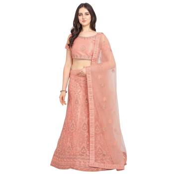 Women'S Peach Semi Stiched Embroidered Net Lehenga Choli 1