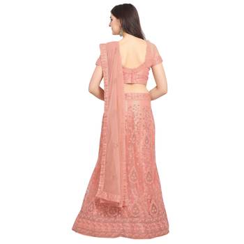 Women'S Peach Semi Stiched Embroidered Net Lehenga Choli 2