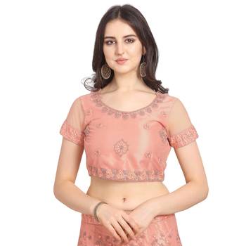Women'S Peach Semi Stiched Embroidered Net Lehenga Choli 3