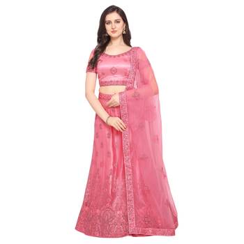 Women'S Pink Semi Stiched Embroidered Net Lehenga Choli 1