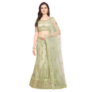 Women'S Olive Semi Stiched Embroidered Net Lehenga Choli 1