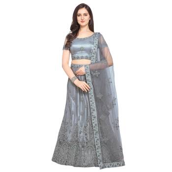 Women'S Grey Semi Stiched Embroidered Net Lehenga Choli 1