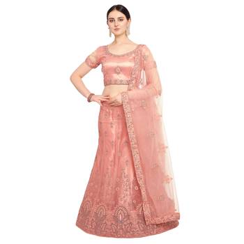 Women'S Coral Semi Stiched Embroidered Net Lehenga Choli 1