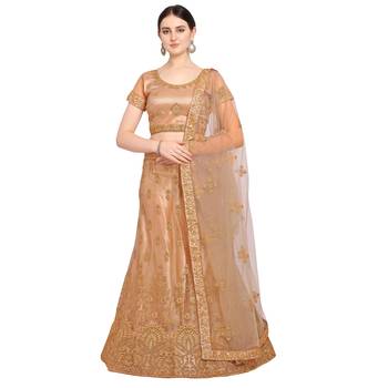 Women'S Peach Semi Stiched Embroidered Net Lehenga Choli 1