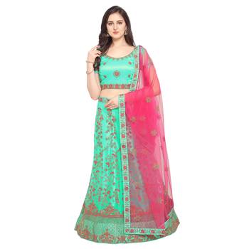 Women'S Spring Green Semi Stiched Embroidered Net Lehenga Choli 1