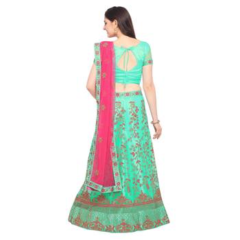 Women'S Spring Green Semi Stiched Embroidered Net Lehenga Choli 2