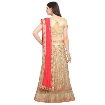 Women'S Beige Semi Stiched Embroidered Net Lehenga Choli 2