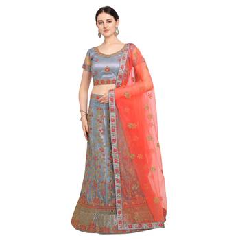 Women'S Grey Semi Stiched Embroidered Net Lehenga Choli 1