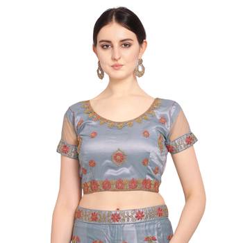 Women'S Grey Semi Stiched Embroidered Net Lehenga Choli 3