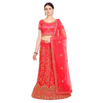 Women'S Coral Semi Stiched Embroidered Net Lehenga Choli 1